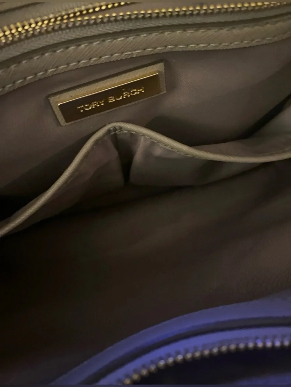Tory Burch Taupe Saffiano Leather Tote with Logo Charm